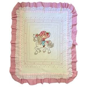 Strawberry Shortcake Cross Stitch Handmade Baby Quilt Blanket 34”x 42”